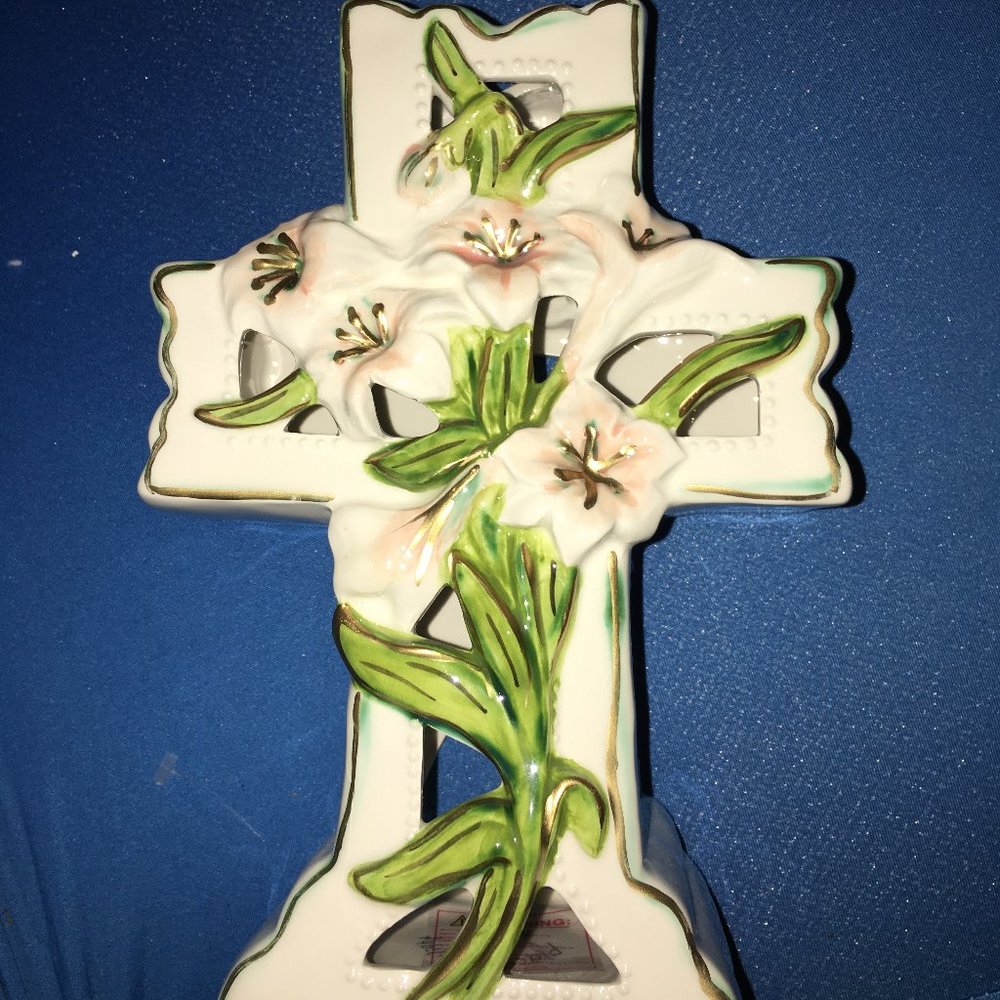 Ceramic Lily Cross Tea Light Decoration Signed by Heather Goldminc